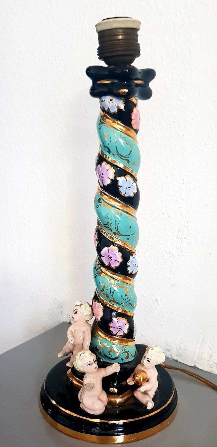 Italian Liani Hand Painted Porcelain Barley Twist Porcelain Table Lamp Base With 3 Cherubs From 1950