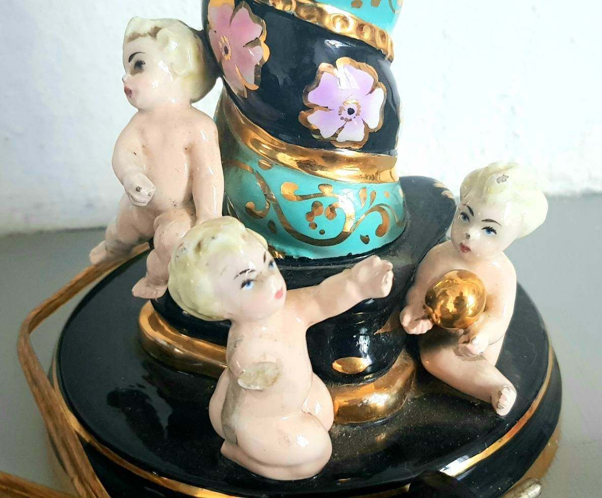 Italian Liani Hand Painted Porcelain Barley Twist Porcelain Table Lamp Base With 3 Cherubs From 1950 photo for sale