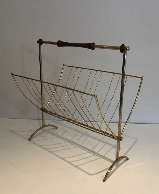 In The Style Of Cesare Lacca Brass And Wood Magazine Rack