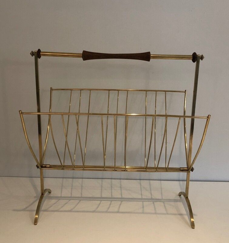 In The Style Of Cesare Lacca Brass And Wood Magazine Rack photo furniture