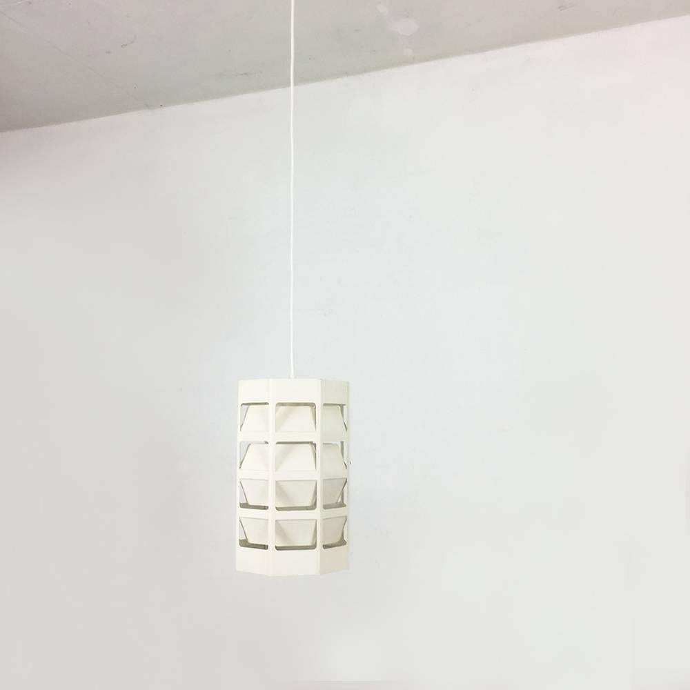 Scandinavian Cubic White Metal Hanging Lamp "Lyskurv" By Louis Poulsen, 1960s photo vintage