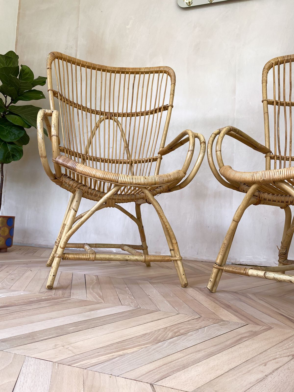 Furniture Pair Of Mid Century Wing Back Bamboo Occasional Chairs photo