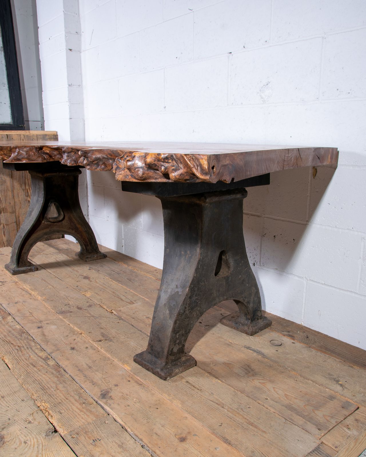 photo furniture Bespoke Desk Table With New Elm Top And Mid Century Cast Iron Industrial Legs