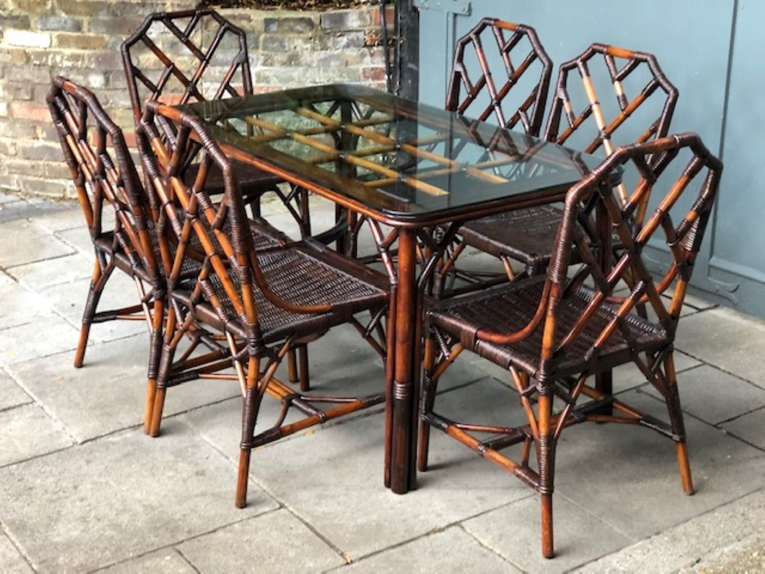 photo buy Mid Cent Rattan Dining Table & 6 X Chippendale Style Dining Chairs, Angraves 1970s