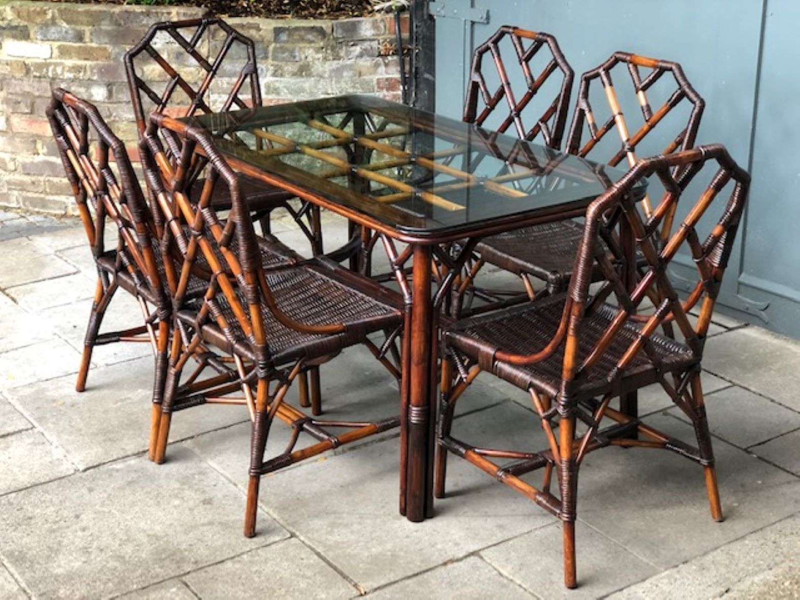 Mid Cent Rattan Dining Table & 6 X Chippendale Style Dining Chairs, Angraves 1970s photo for sale