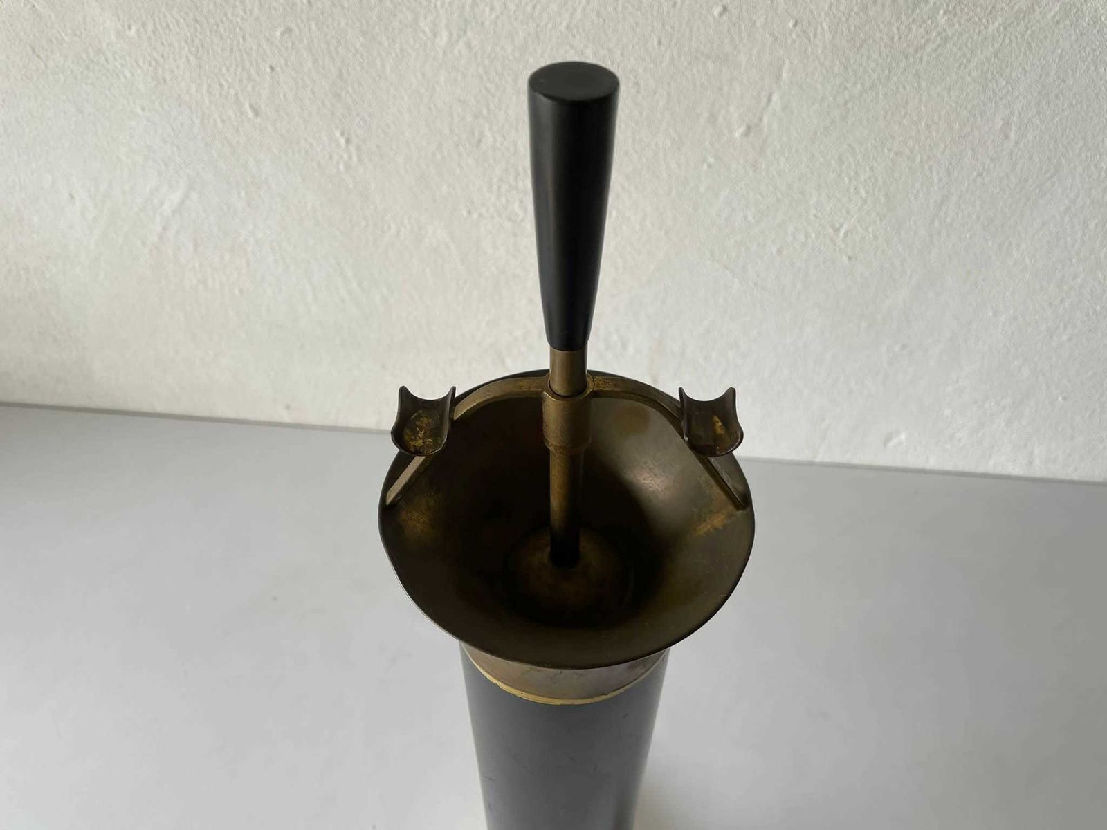 Italian Well Crafted Black Metal   Brass Body Tripod Ashtray, 1950s, Italy photo for sale
