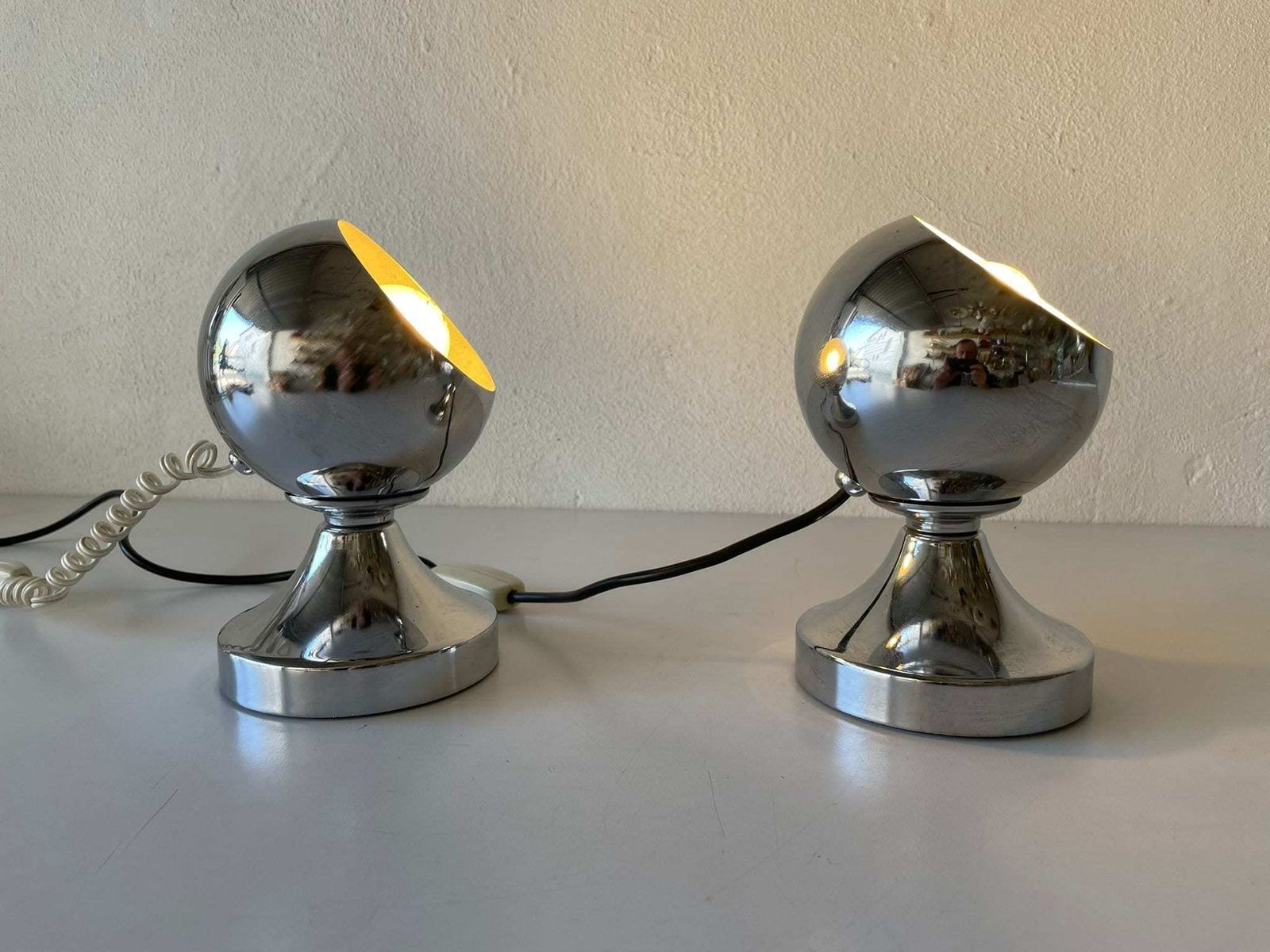 Italian Space Age Chrome Pair Of Table Lamps With Magnetic Shades, 1970s, Italy photo 1088.72