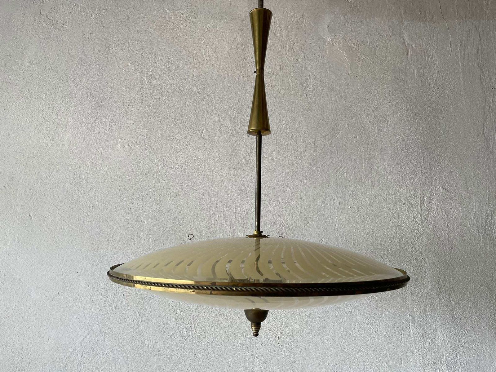 Wonderful Ufo Design Brass Body & Printed Glass Large Ceiling Lamp By Fontana Arte, 1950s, Italy photo vinterior