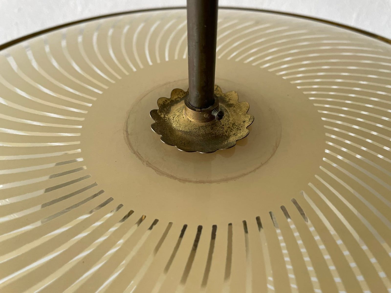 photo for sale Wonderful Ufo Design Brass Body & Printed Glass Large Ceiling Lamp By Fontana Arte, 1950s, Italy