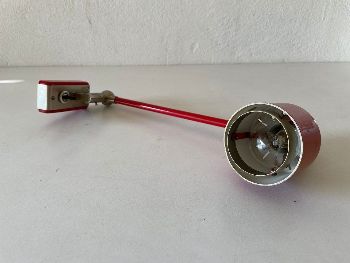 Excellent Rare Red Metalic Grey Wall Lamp   Adjustable Shade And Arm By Stilnovo, 1970s, Italy photo vinterior