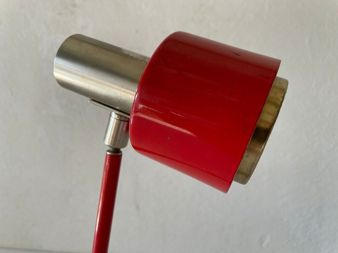 Excellent Rare Red Metalic Grey Wall Lamp   Adjustable Shade And Arm By Stilnovo, 1970s, Italy photo vintage