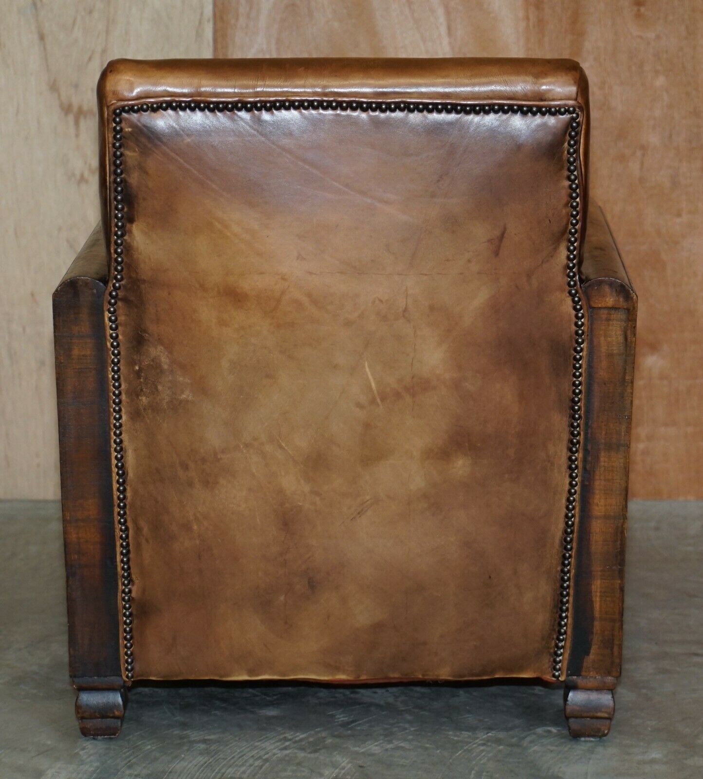 photo for sale Antique Pair Of Metropolitan Art Deco 1920 Hand Dyed Brown Leather Armchairs