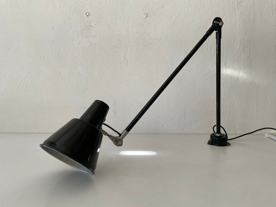 Italian Industrial Black Metal Office Wall Lamp With Adjustable Arm And Shade, Seminara Torino, 1930s, Italy