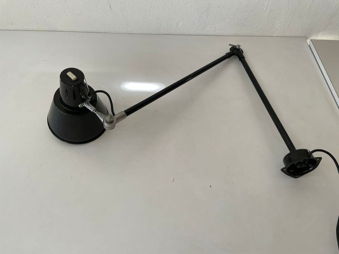 Italian Industrial Black Metal Office Wall Lamp With Adjustable Arm And Shade, Seminara Torino, 1930s, Italy photo for sale