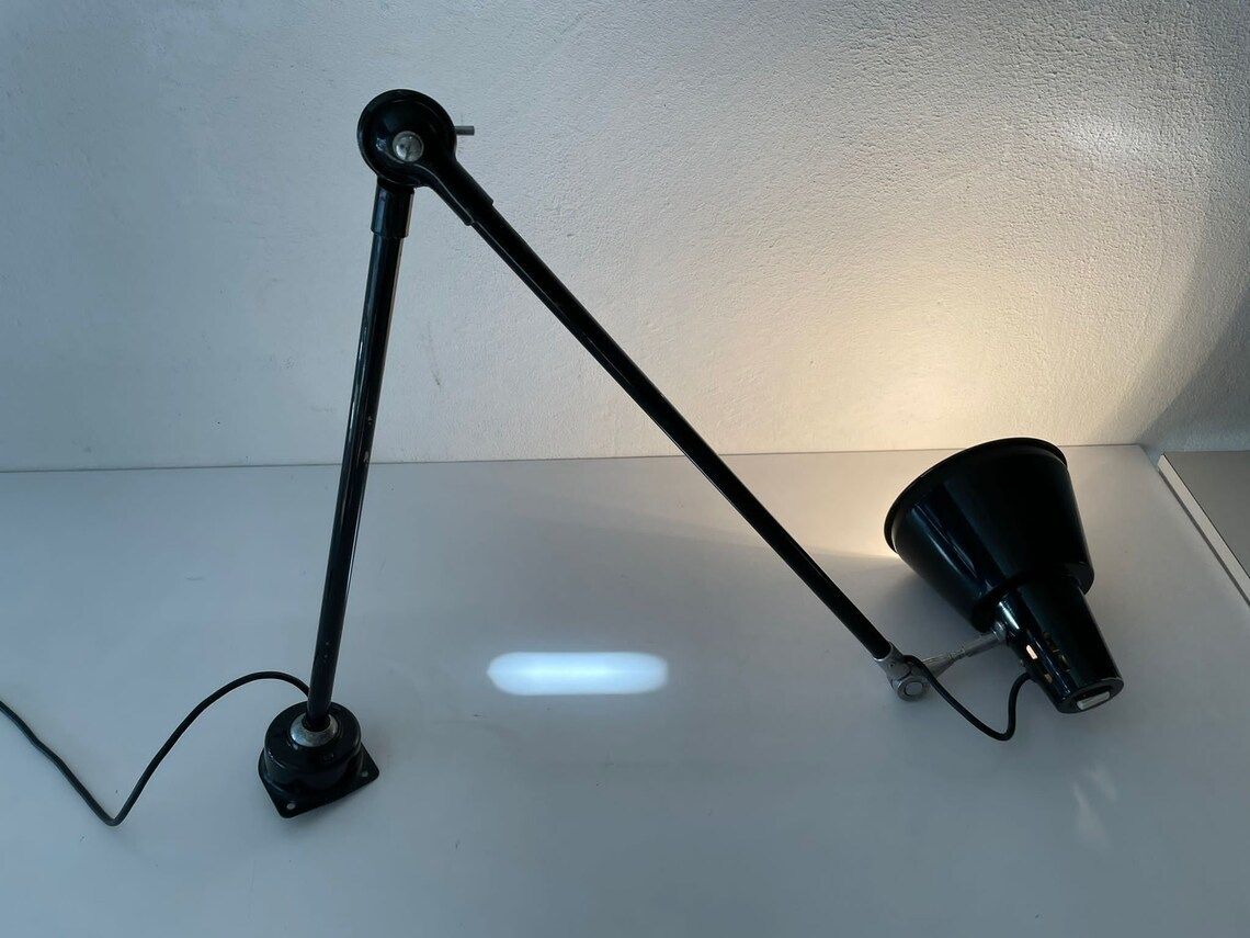 Italian Industrial Black Metal Office Wall Lamp With Adjustable Arm And Shade, Seminara Torino, 1930s, Italy photo Lighting