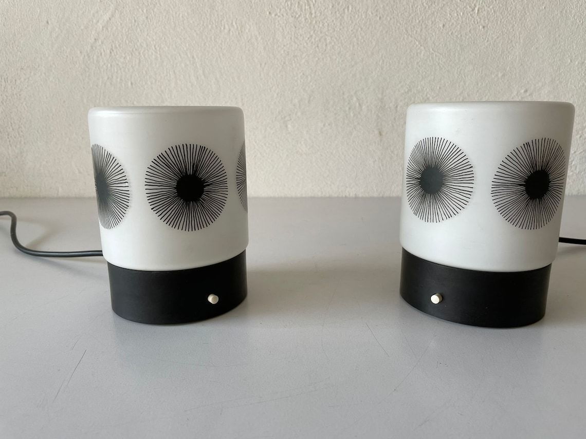 Cute Cylinder Design Retro Black White Glass And Plastic Pair Of Bedside Lamps By Erco Leuchten, 1970s, Germany photo furniture