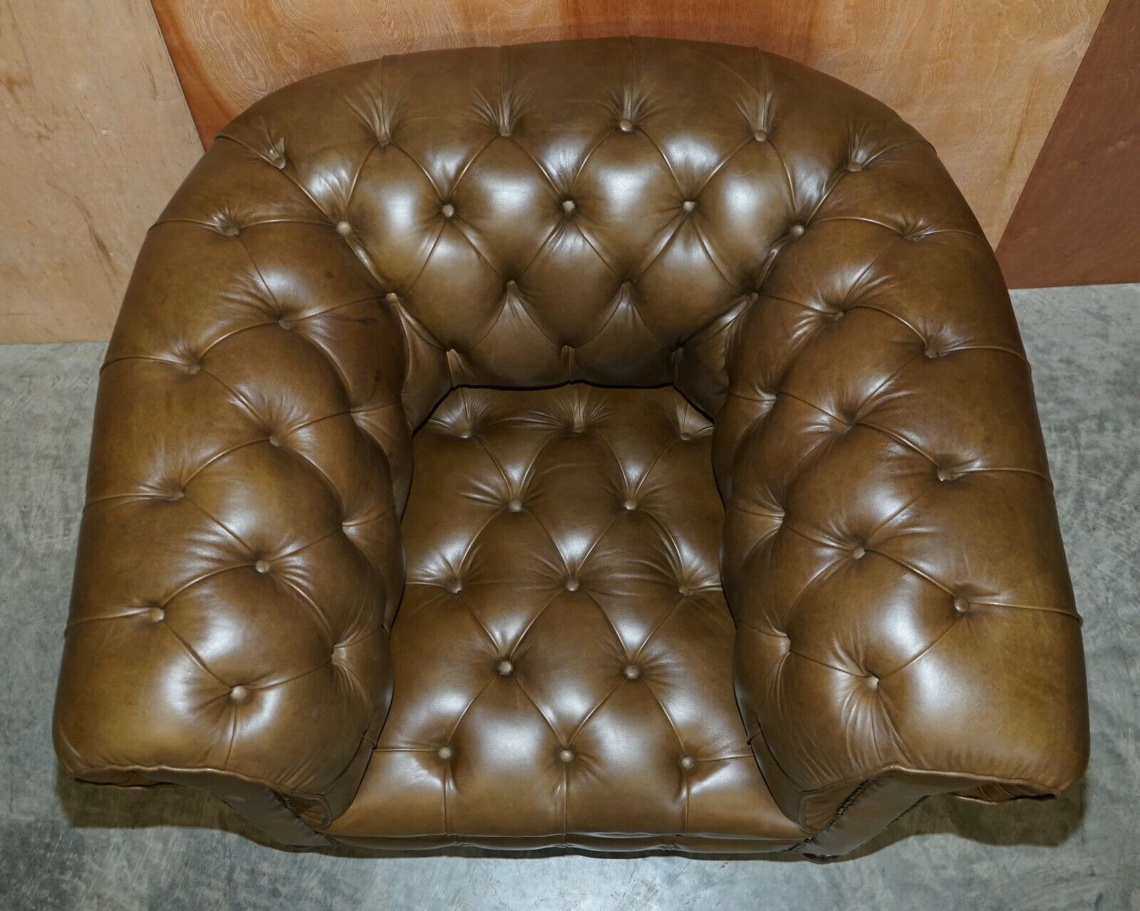 Furniture Stunning Vintage Fully Tufted Chesterfield Olive Green Leather Sofa & Armchair photo