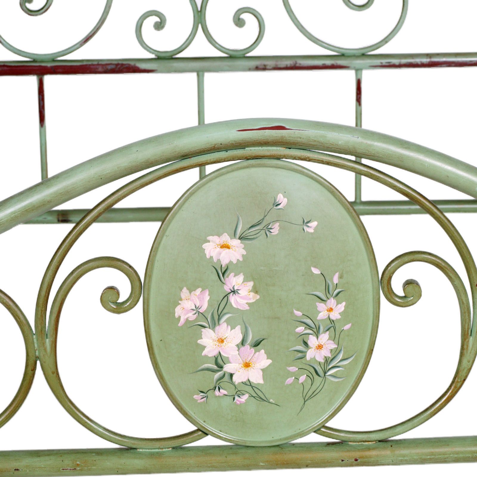Italian Double Bed Painted Antiqued Green And Hand Decorated Iron, Golden Parts photo buy