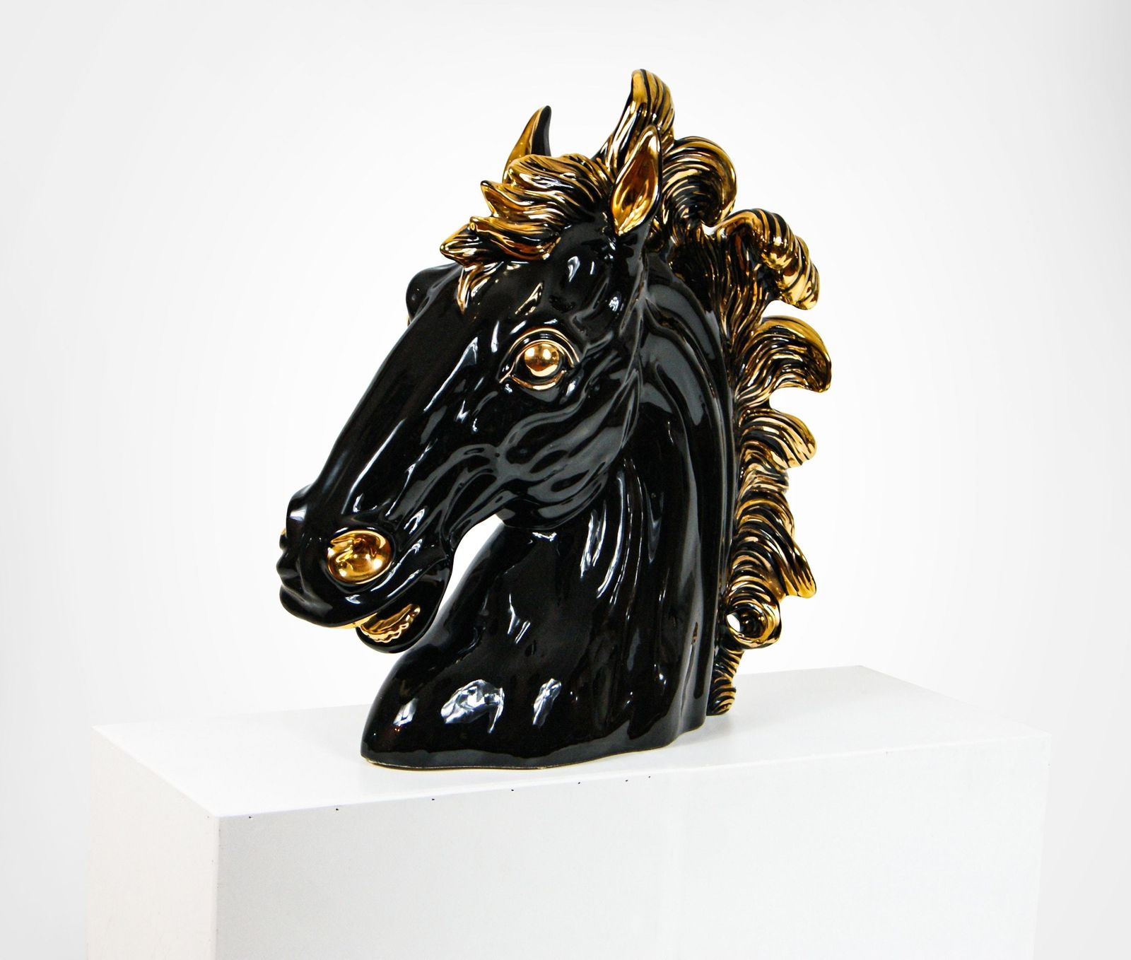 Italian Ceramic Horse Head Sculpture Gold And Black 1990s photo buy