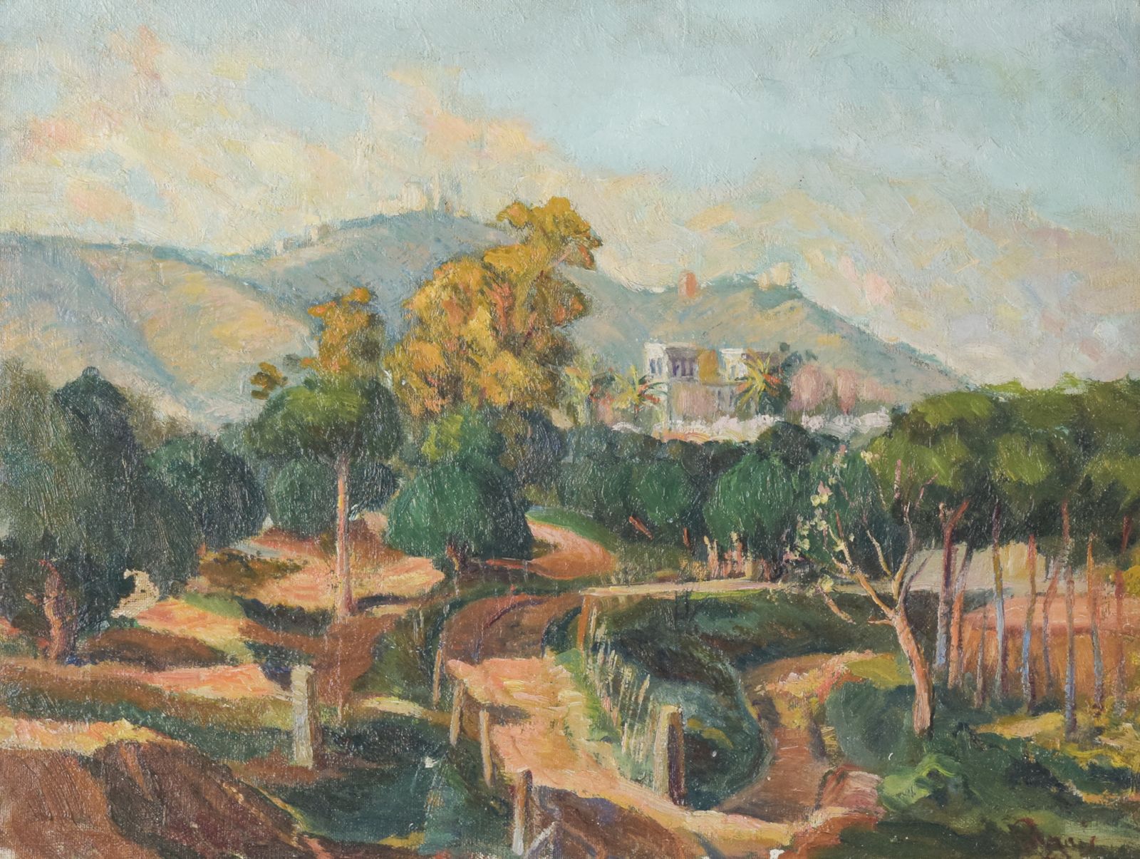 Impressionistisch Gesigneerd Mediterraan Landschap Met Uitzicht Op Een Rivier En Bergen