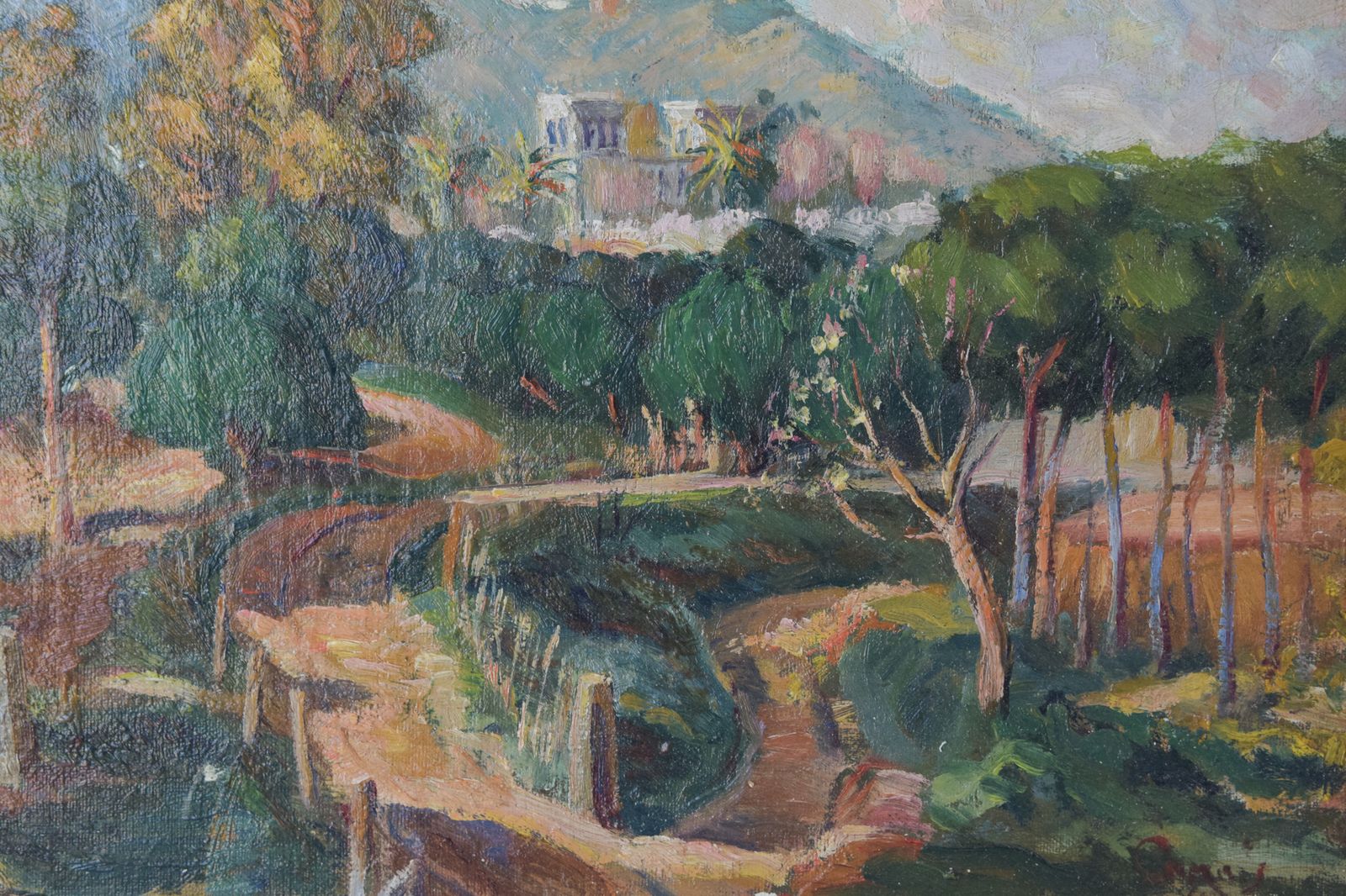 Impressionistisch Gesigneerd Mediterraan Landschap Met Uitzicht Op Een Rivier En Bergen photo buy