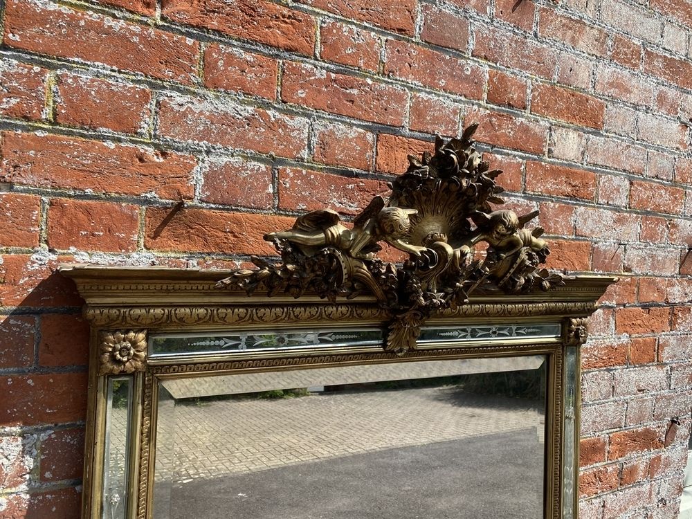 A Spectacular Large Antique French 19th Century Carved Wood & Gesso Original Gilt Etched Mirrored Framed Mirror photo Home Decor