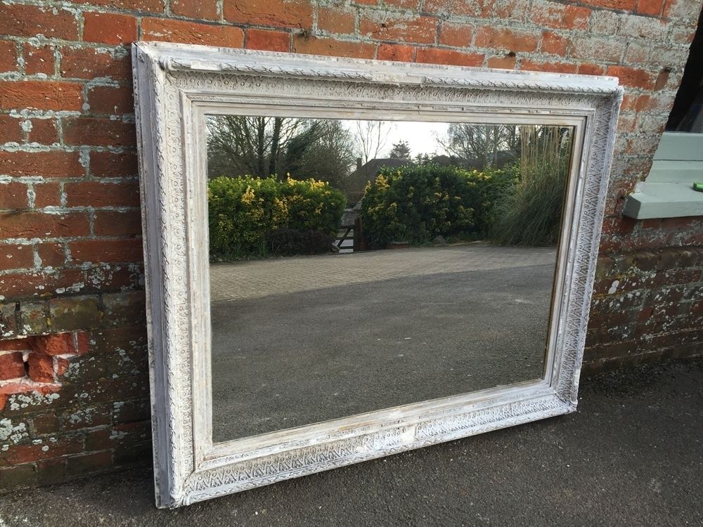 A Large Antique 19th Century Original Carved Wood & Gesso Painted Mirror