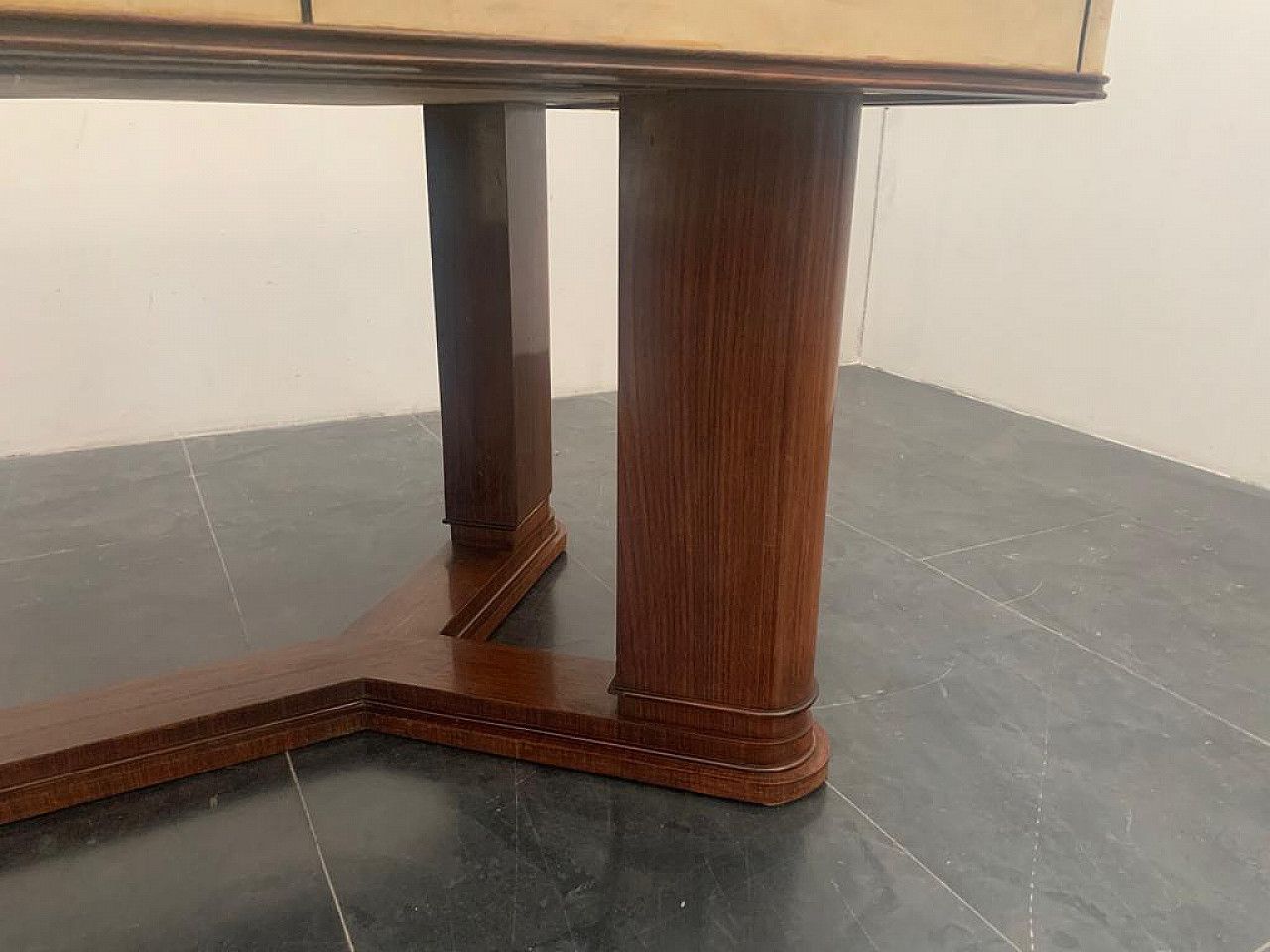 Art Deco Table In Rosewood And Parchment With Black Glass Top, 1930s photo for sale
