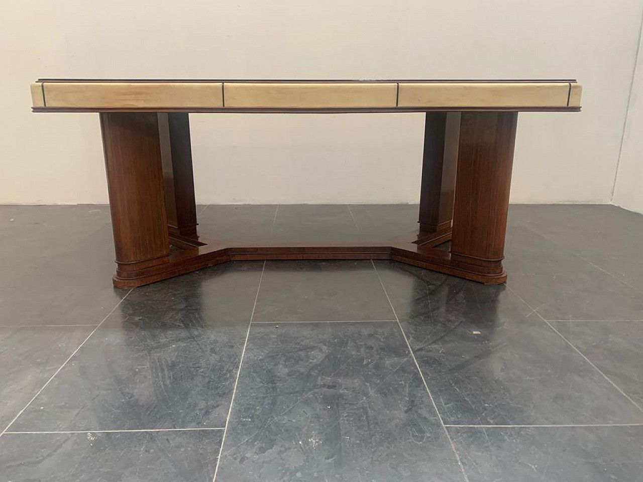 photo for sale Art Deco Table In Rosewood And Parchment With Black Glass Top, 1930s