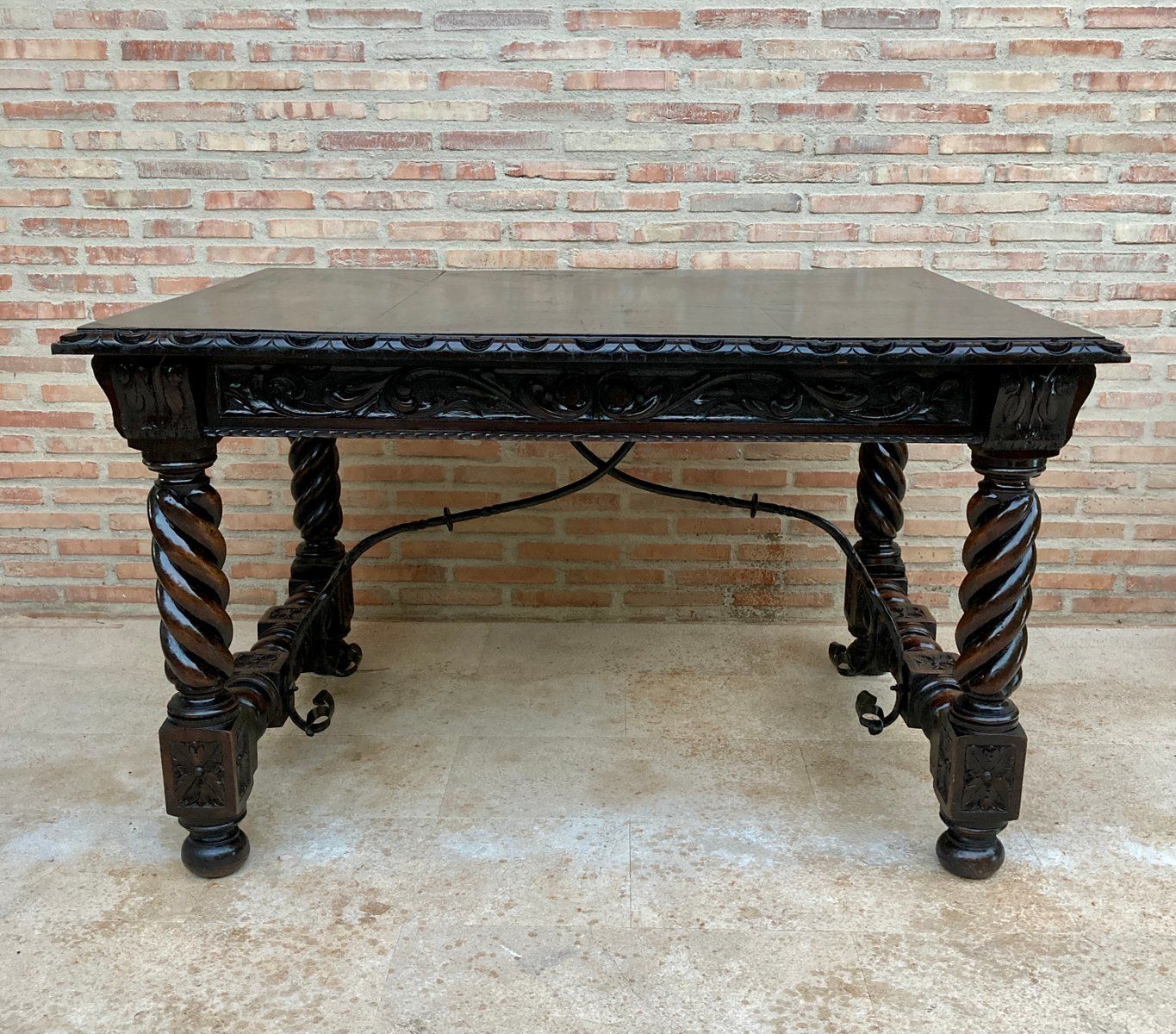 Spanish Baroque Table With Dark Walnut Solomonic Legs With Carved Structure And Iron Stretcher photo Furniture