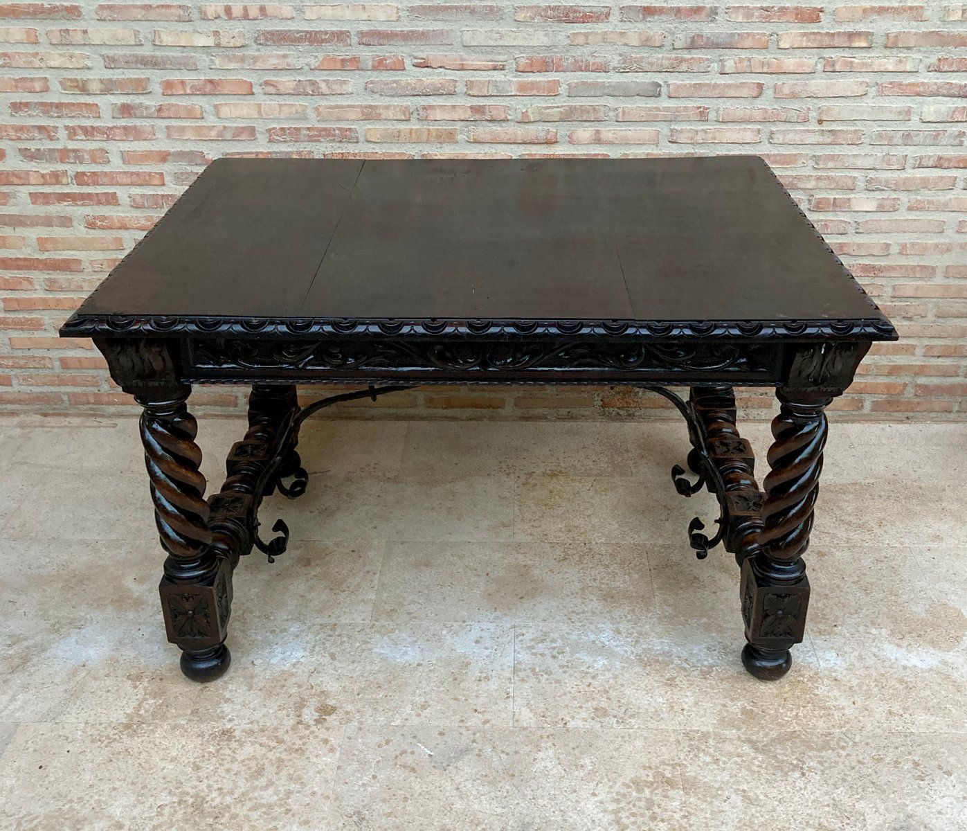 Spanish Baroque Table With Dark Walnut Solomonic Legs With Carved Structure And Iron Stretcher photo buy