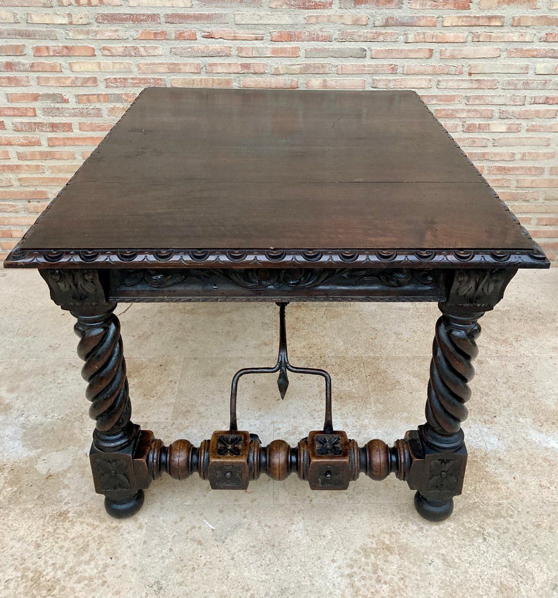 Spanish Baroque Table With Dark Walnut Solomonic Legs With Carved Structure And Iron Stretcher photo vintage