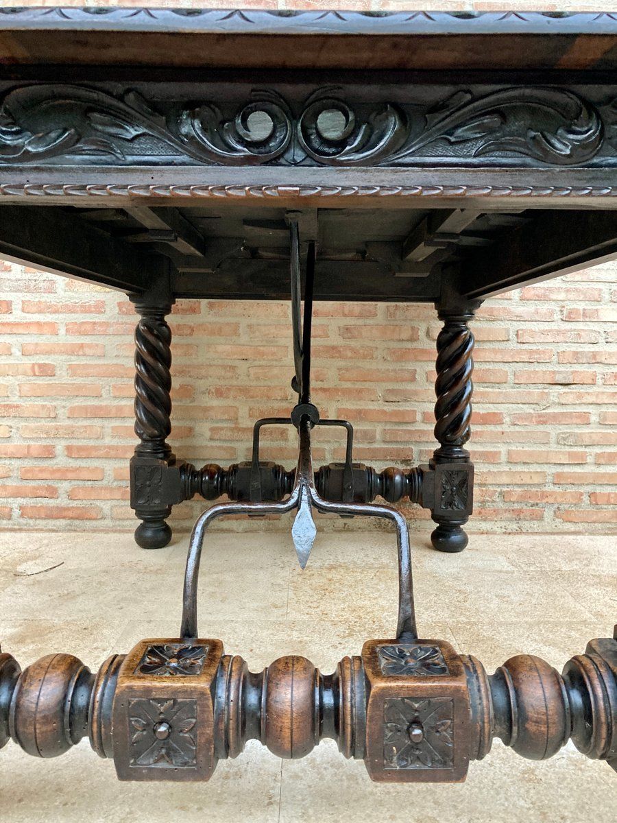 Furniture Spanish Baroque Table With Dark Walnut Solomonic Legs With Carved Structure And Iron Stretcher photo