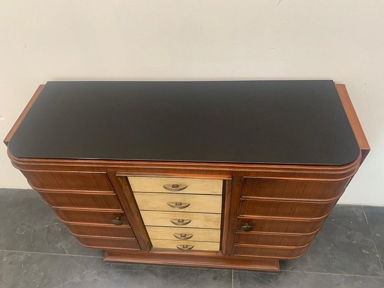 photo for sale Art Deco Bar Cabinet In Rosewood And Parchment With Black Glass Top, 1930s