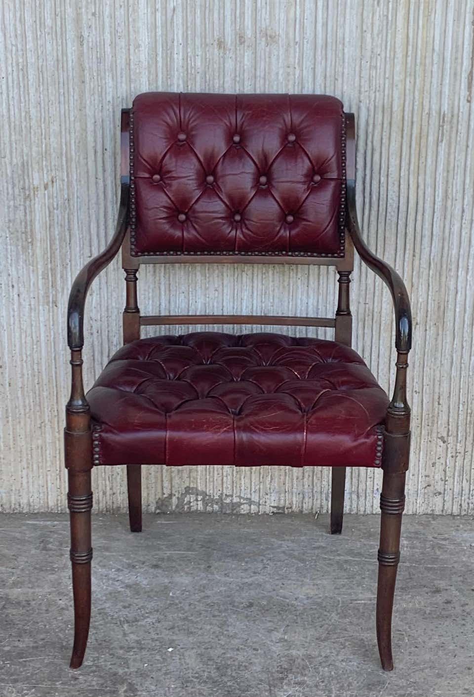 Set Of Ten Restored Vintage Chesterfield Hardwood Red Leather Dining Armchairs photo for sale