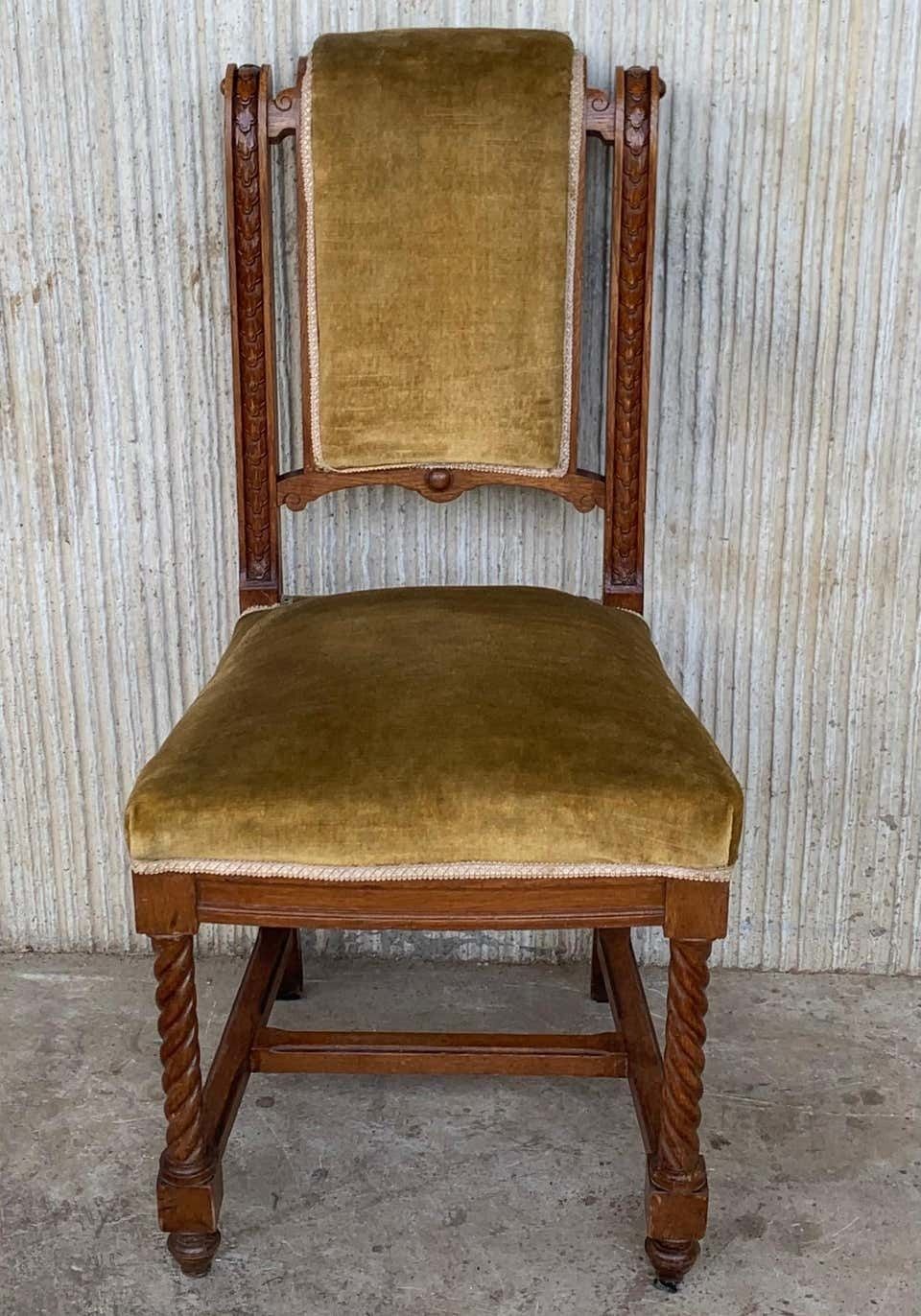 Set Of 4 Carved Dining Room Chairs In Louis XIII Style With Velvet Seat And Back photo for sale