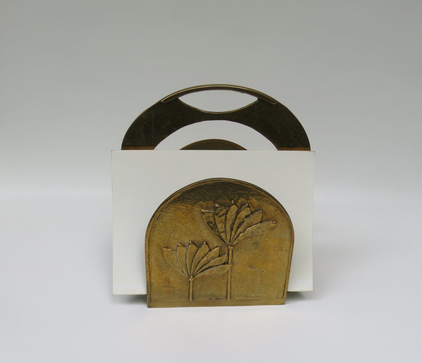 Brutalist Style Brass Magazine Rack With Floral Elements, 1970s photo furniture
