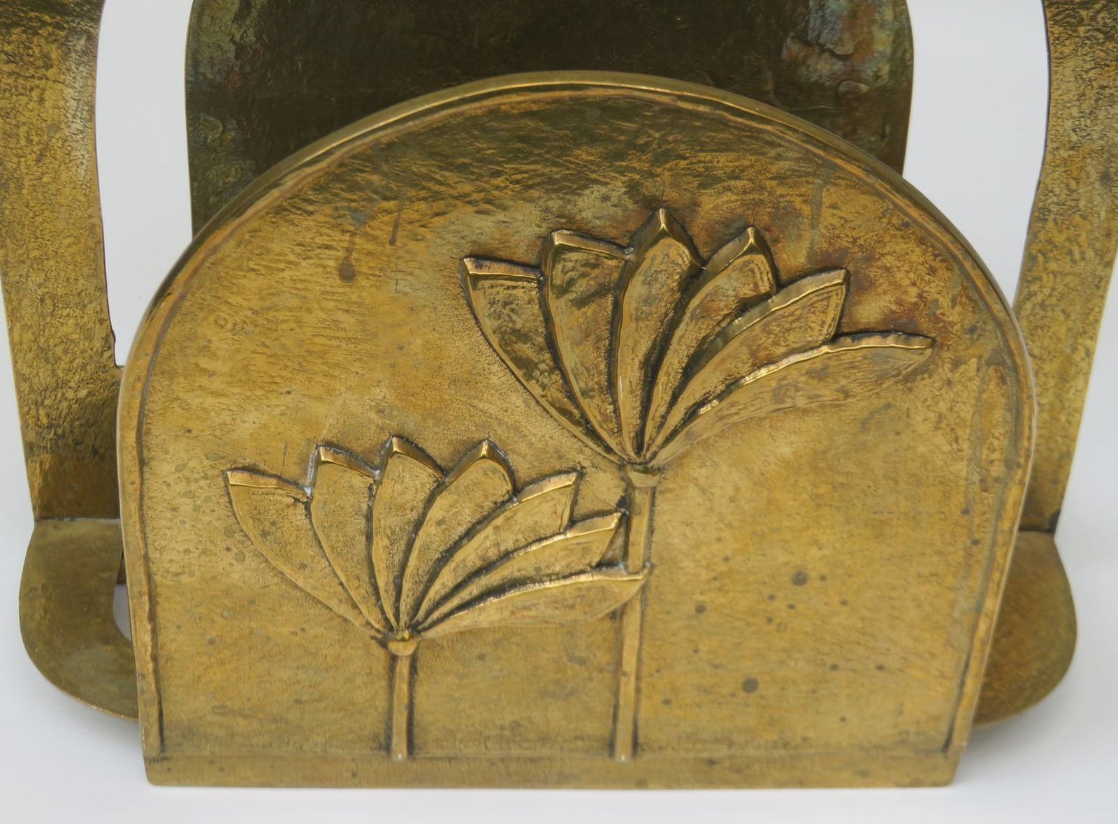 1301.35 Brutalist Style Brass Magazine Rack With Floral Elements, 1970s photo