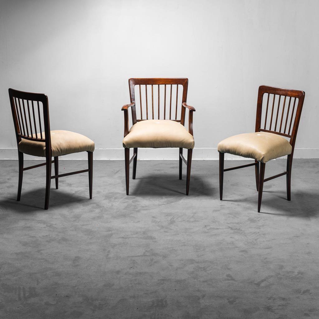 Set Of 3 Office Chairs Wood Leather 1950s Vintage Modern