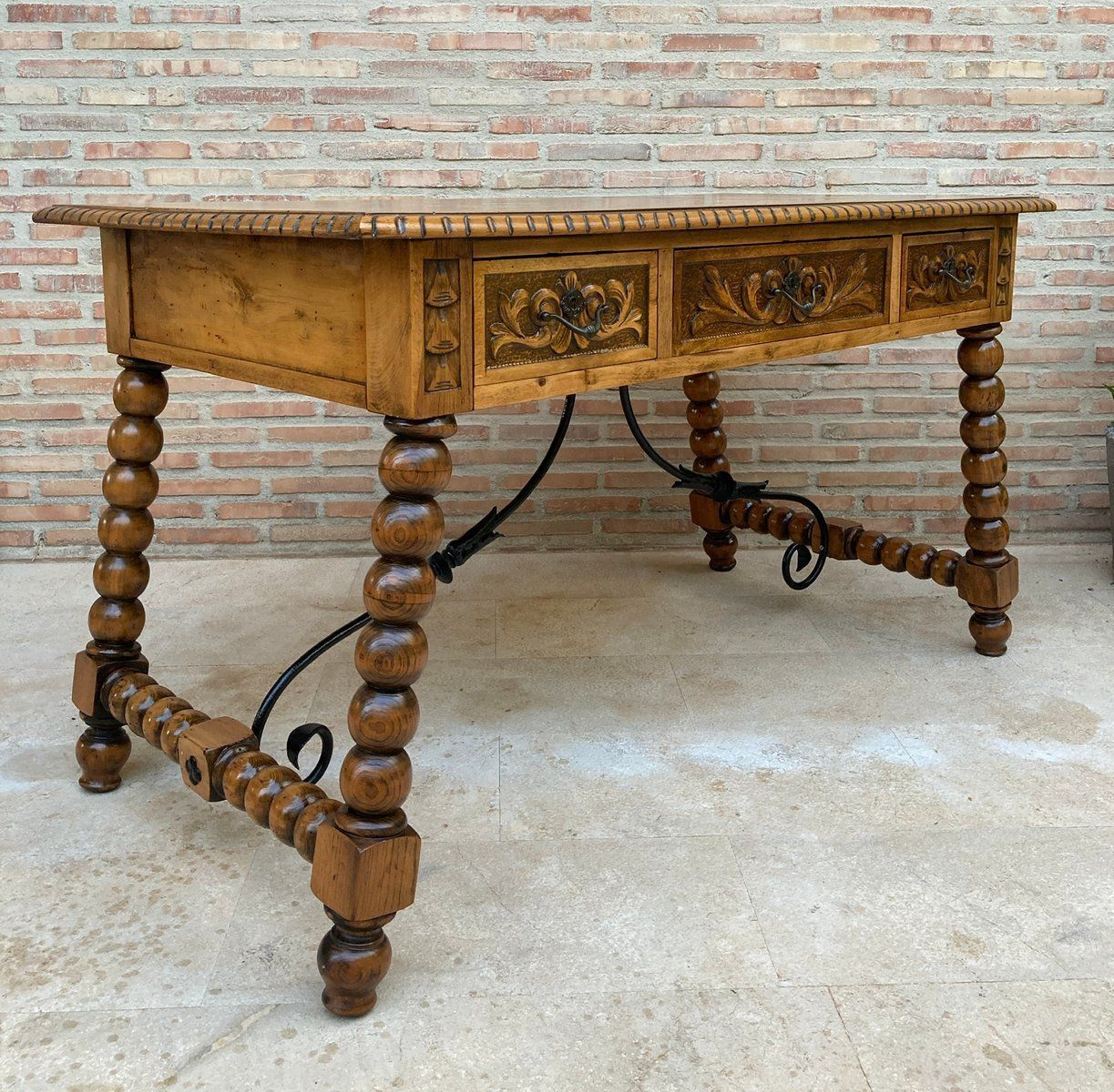 19th Century French Hand Carved Oak Desk With Iron Stretcher & Solomonic Legs photo for sale