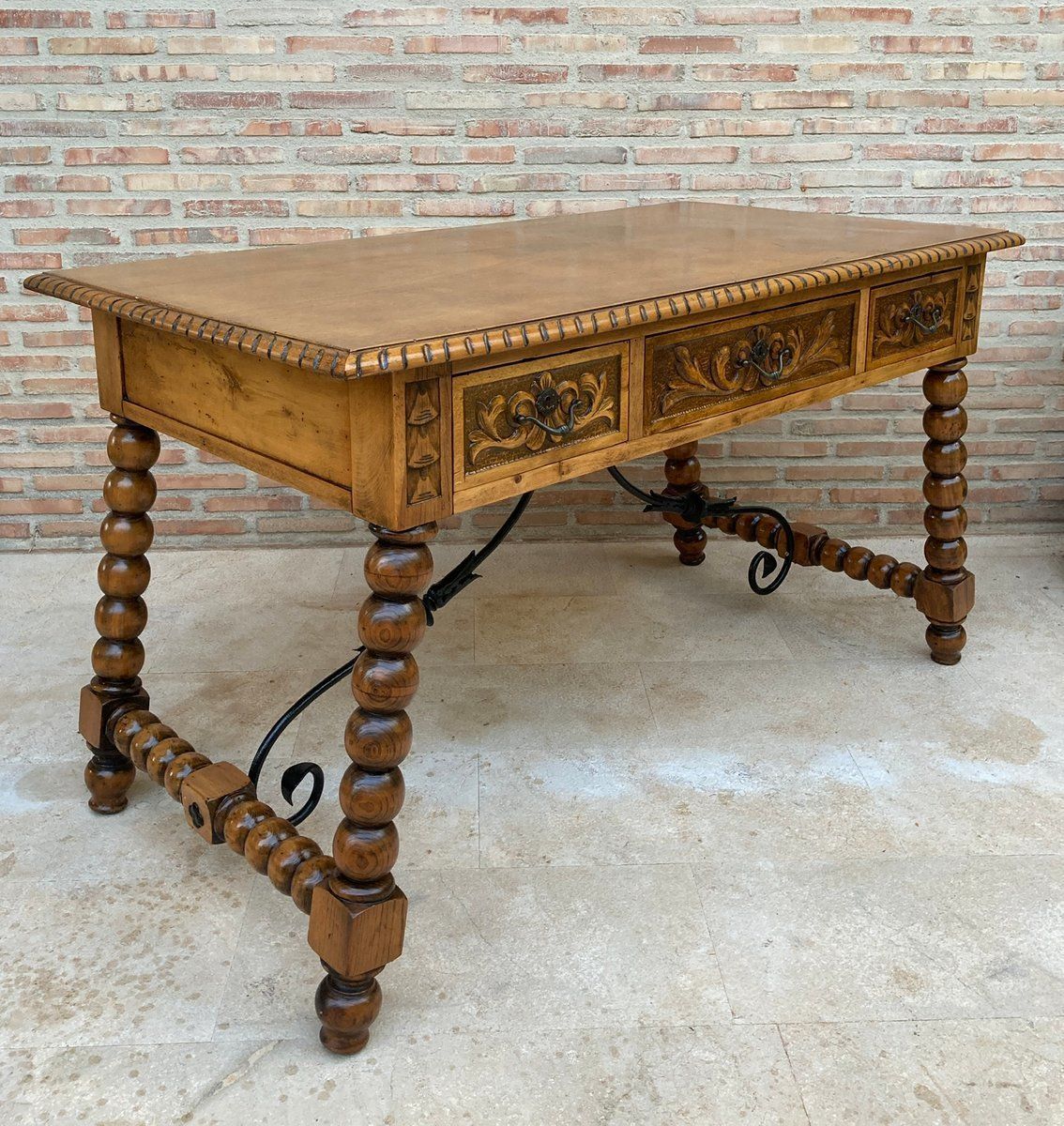 19th Century French Hand Carved Oak Desk With Iron Stretcher & Solomonic Legs photo 4992.0