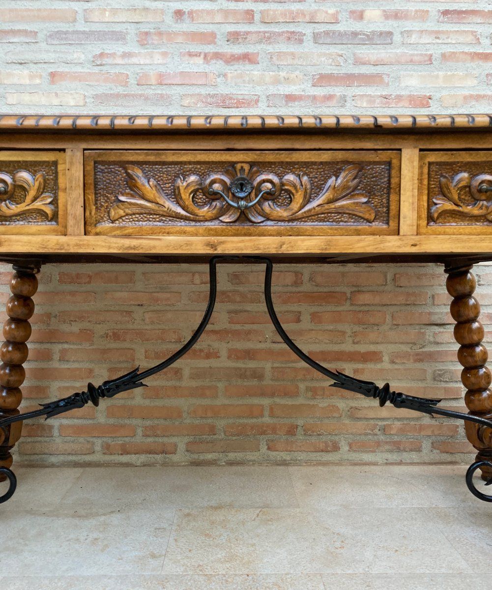 19th Century French Hand Carved Oak Desk With Iron Stretcher & Solomonic Legs photo buy