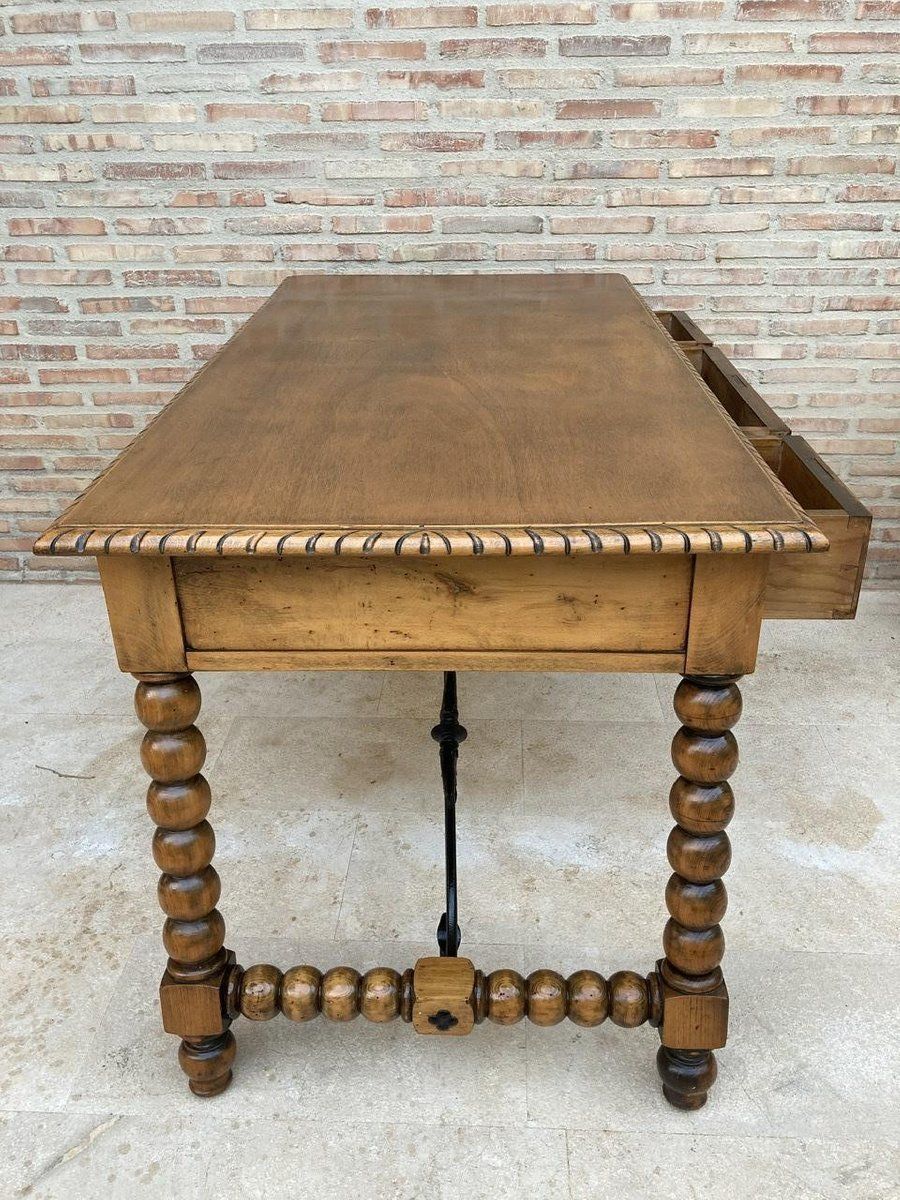 19th Century French Hand Carved Oak Desk With Iron Stretcher & Solomonic Legs photo vintage