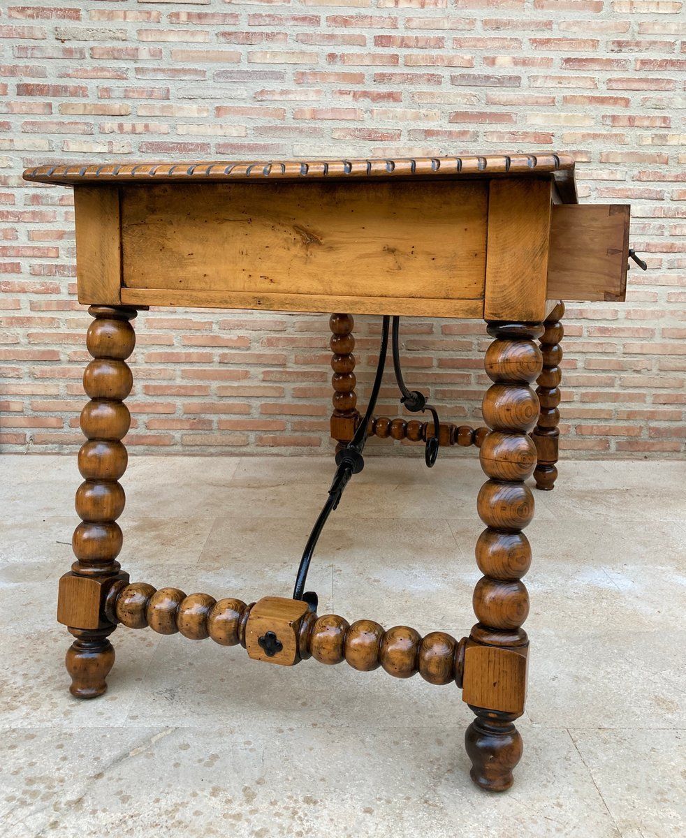 4992.0 19th Century French Hand Carved Oak Desk With Iron Stretcher & Solomonic Legs photo