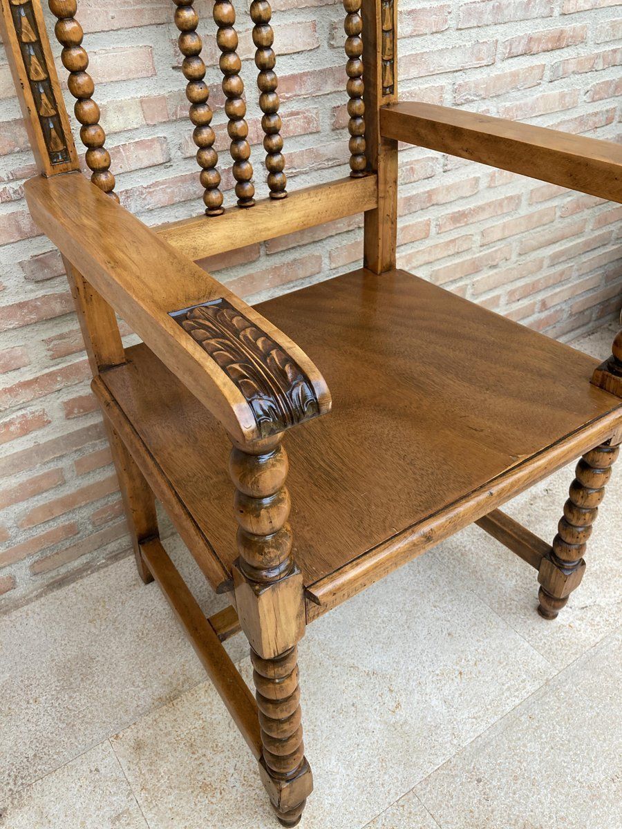 19th Century French Carved Oak Turned Wood Armchair photo vintage