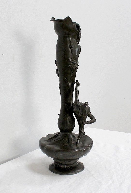 Top Pewter Vase, Young Woman Picking A Water Lily, Signed P. Jean, Art Nouveau, Early 20th Century photo furniture