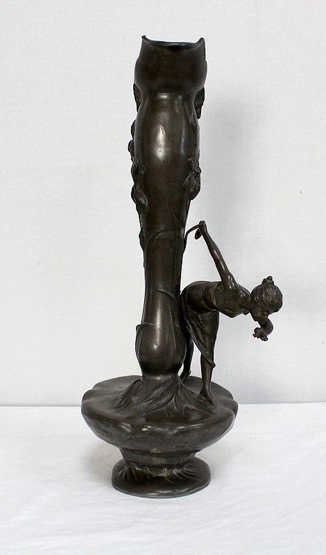 photo buy Top Pewter Vase, Young Woman Picking A Water Lily, Signed P. Jean, Art Nouveau, Early 20th Century