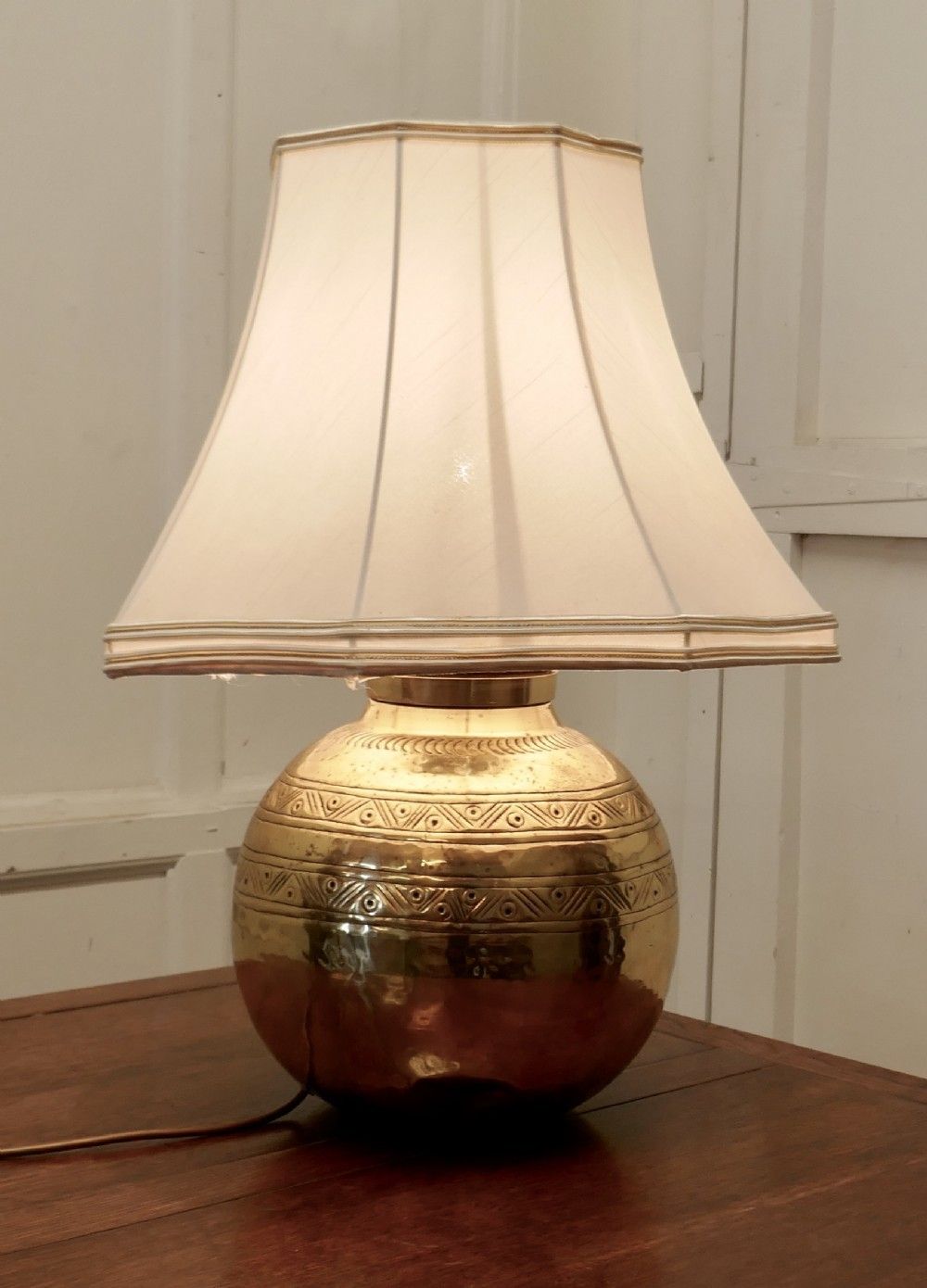 Large Brass Ball Table Lamp With Hand Beaten Decoration photo furniture