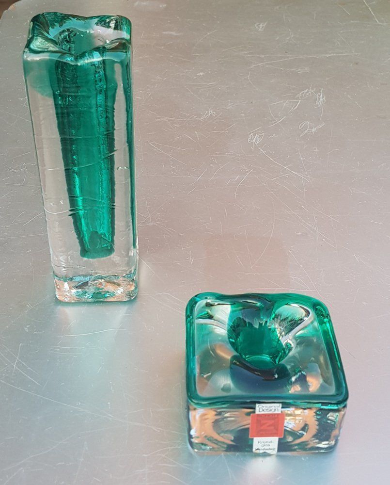 Emerald Green And Clear Glass Block Vase And Candle Holder, 1970s, Set Of 2 photo Home Decor