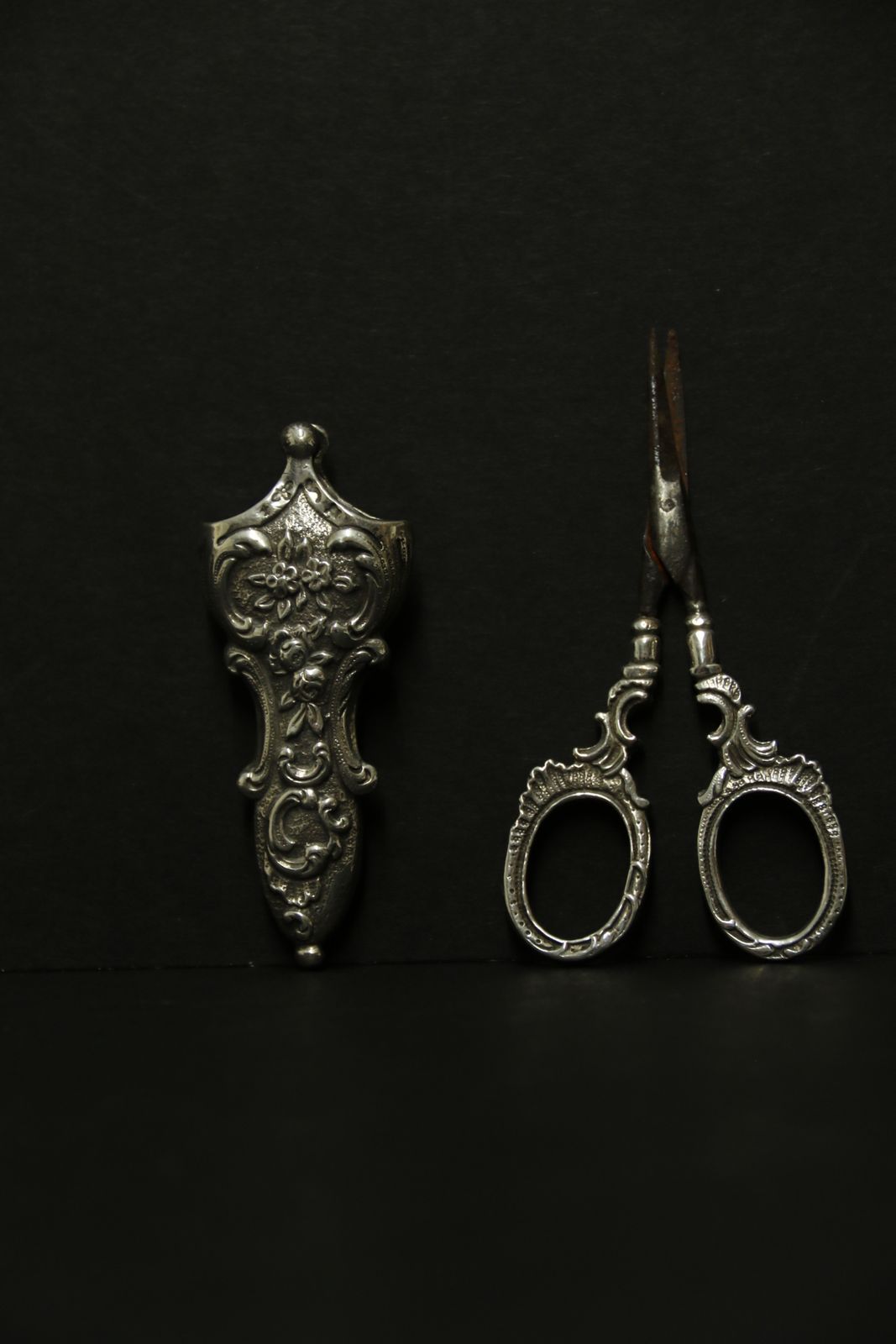 Antique Mid 19th C Silver Scissors And Sheath photo vintage